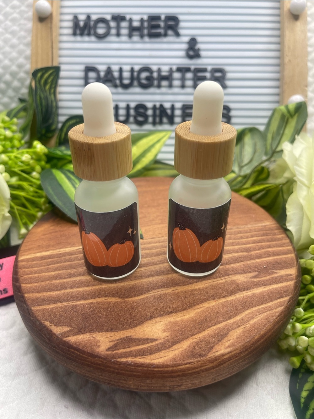 Set of 2 Pumpkin Glass Dropper Bottles Bamboo Lids Fall Halloween Apothecary.
